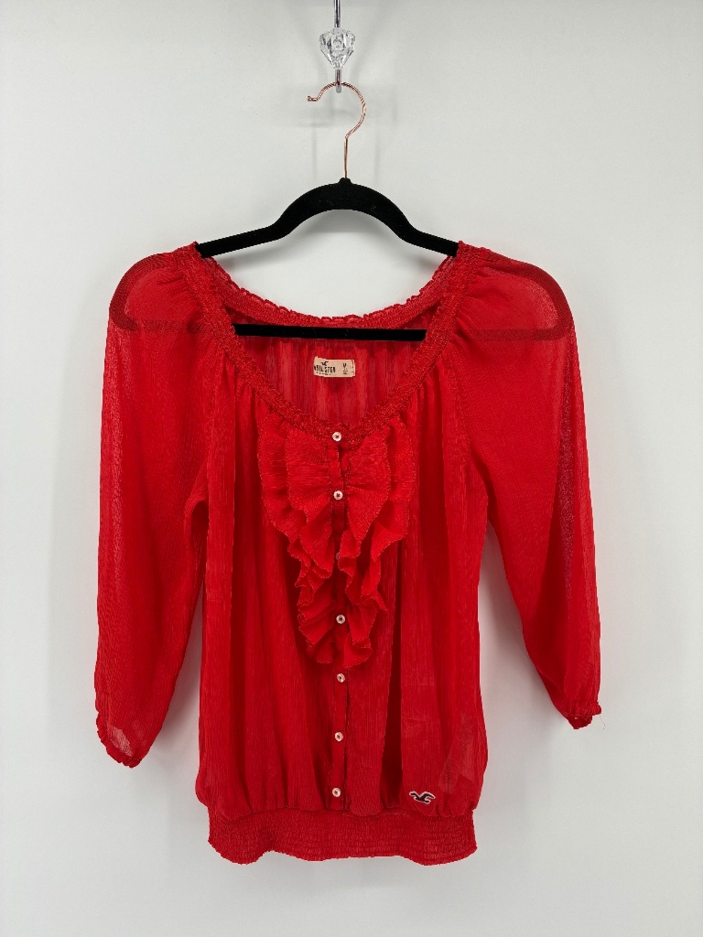 Hollister Sheer Red Blouse with Ruffle Front